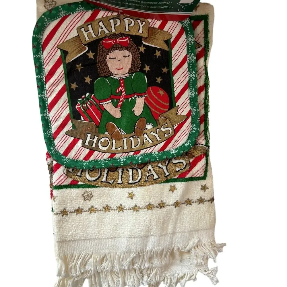 Vintage Happy Holidays Christmas Kitchen Towel, Pot Holder, and‎ Hanger NEW